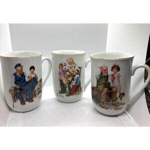 Norman Rockwell Museum Collector Mug Set 3 Vintage Art Series Gold Trim Signed